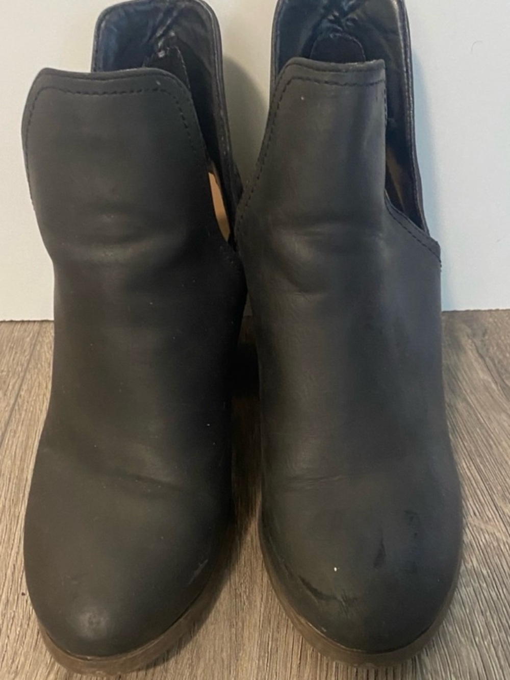 Black Cut Out Ankle Boots with Brown Block Heel size 7